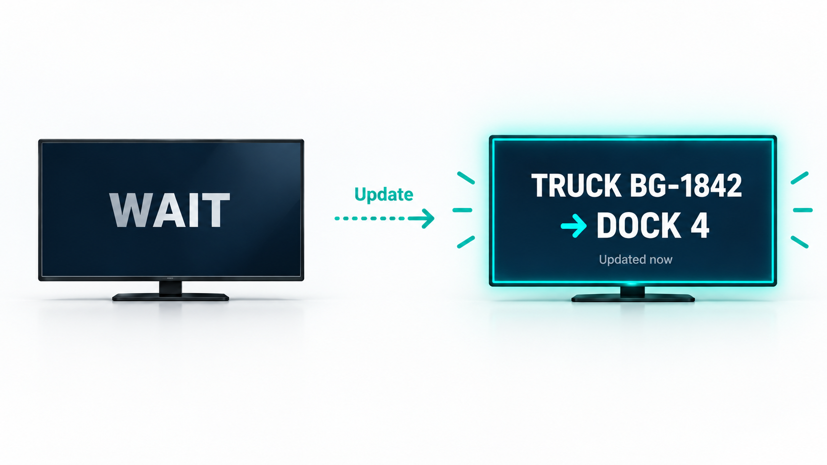 A waiting screen changes to a bright new truck and dock instruction